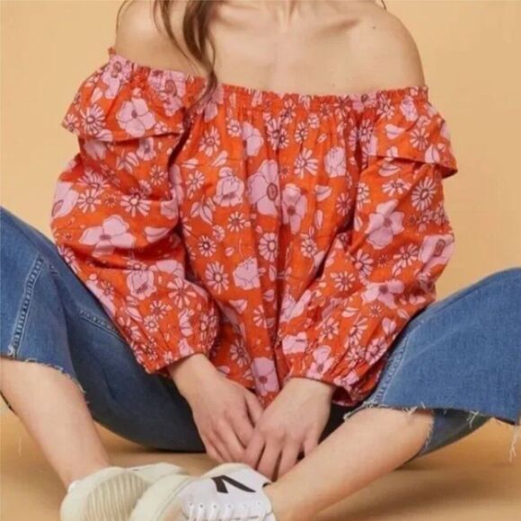 FREE PEOPLE Miss Daisy Floral Ruffle Top Off Shoulder Puff Sleeve Heat Wave Sz M - Picture 3 of 16